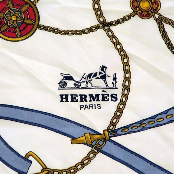 Hermes Equestrian Horns Scrolling Belts Vintage 90cm Silk Scarf DEFECTS - Picture 2 of 7